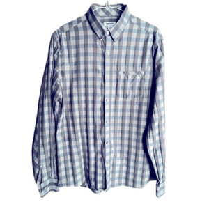 DKNY Mens Check Plaid Button Casual Long Sleeve Cotton Shirt Gray Blue Medium